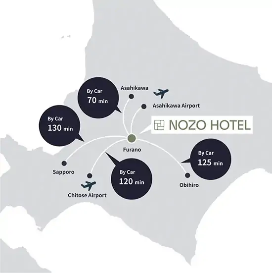 Map showing accessibility to Nozo Hotel Furano from various locations