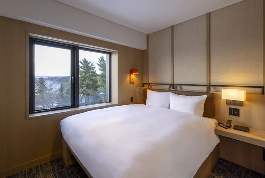 Modern hotel room with large bed and window view