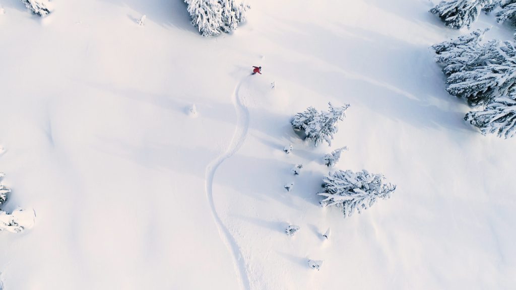 Snowboarder,Drone,Angle,Powder,Turns,Fresh,Untracked,Mountain,Powder,Snow